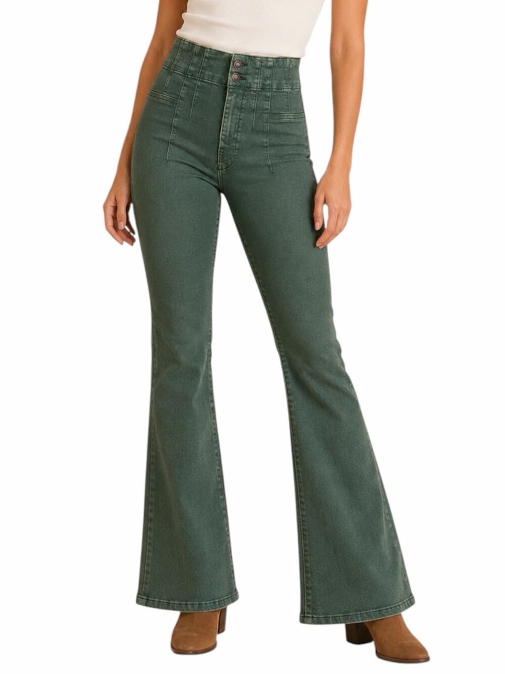 We The Free Jayde Flare Jeans Women’s Size 32 High Rise Olive Army Green Stretch